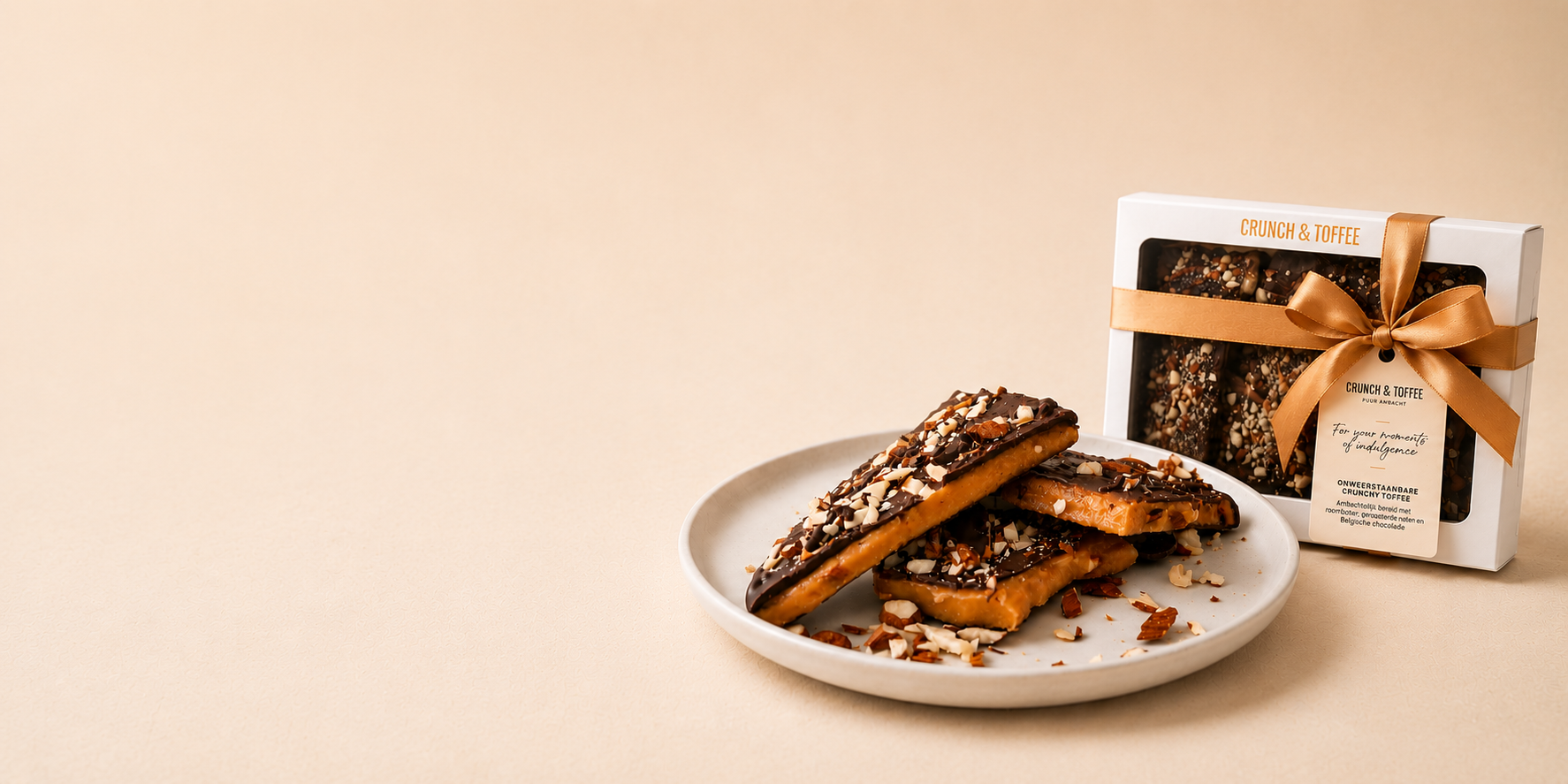 banner chocolade toffee op bord met giftbox achter