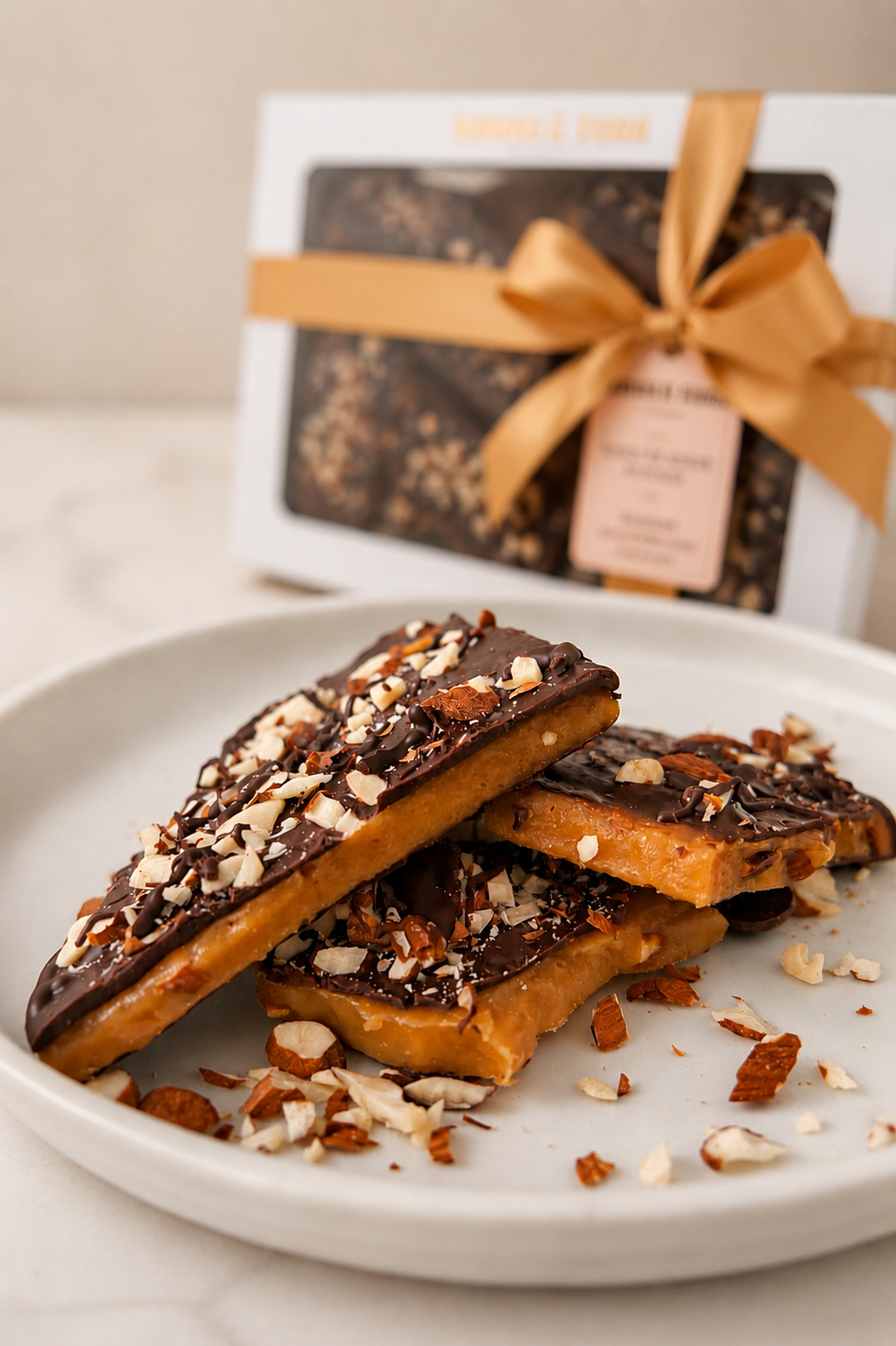Classic Caramel Zeezout chocolade amandel toffee op een bord dichtbij