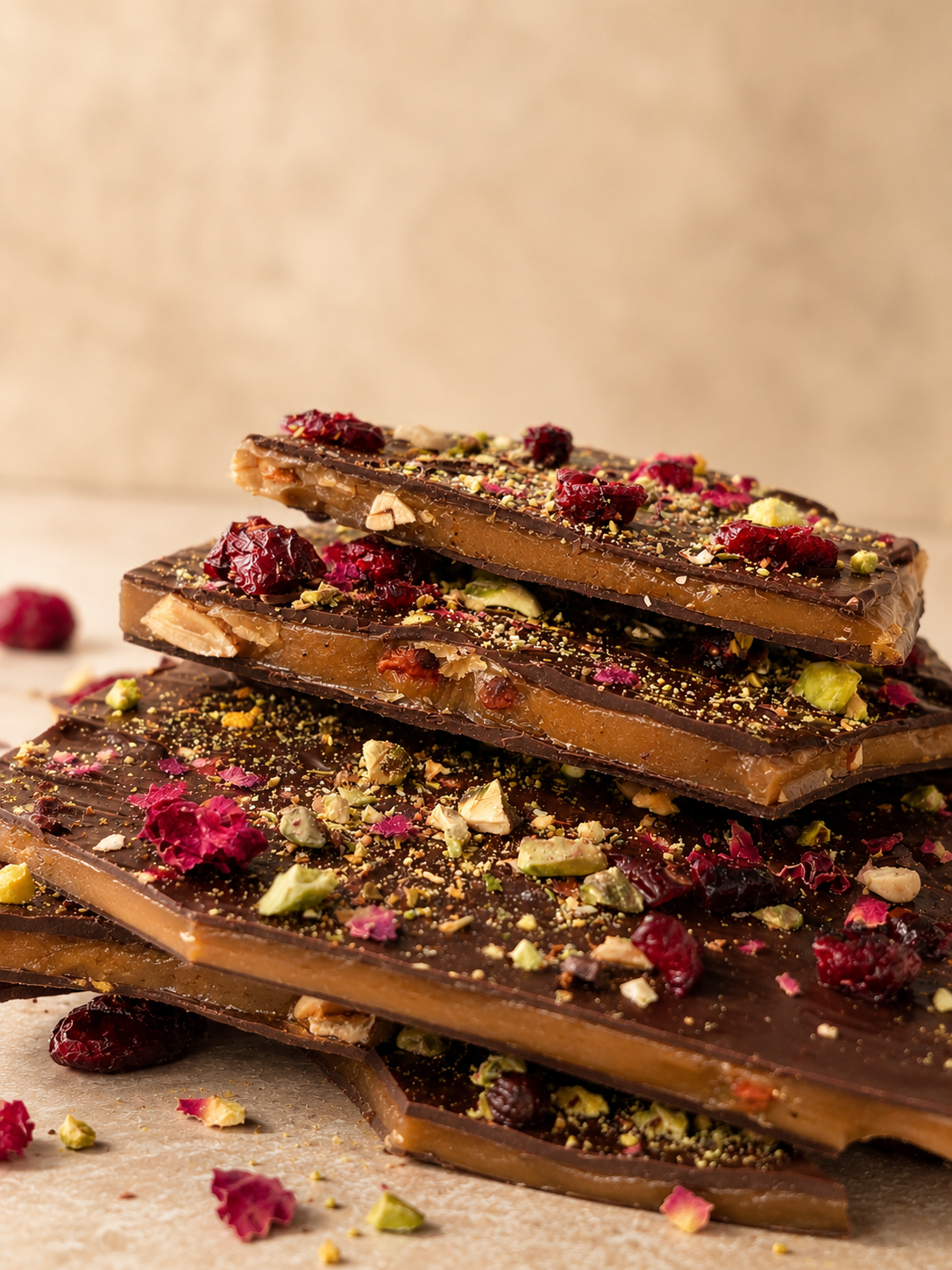Pistache roos en cranberry toffee op een stapel