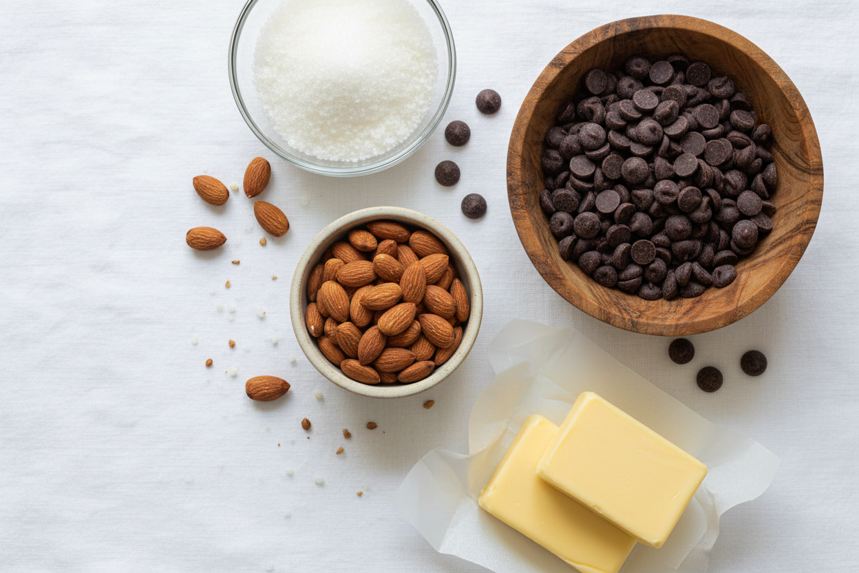 Verse ingrediënten: roomboter, amandelen en Belgische pure chocolade