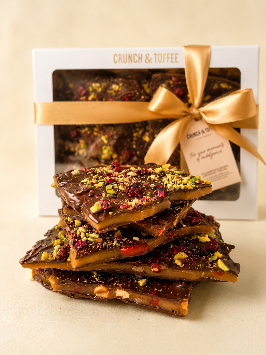pistache, roos en cranberry chocolade toffee op een stapel voor de giftbox