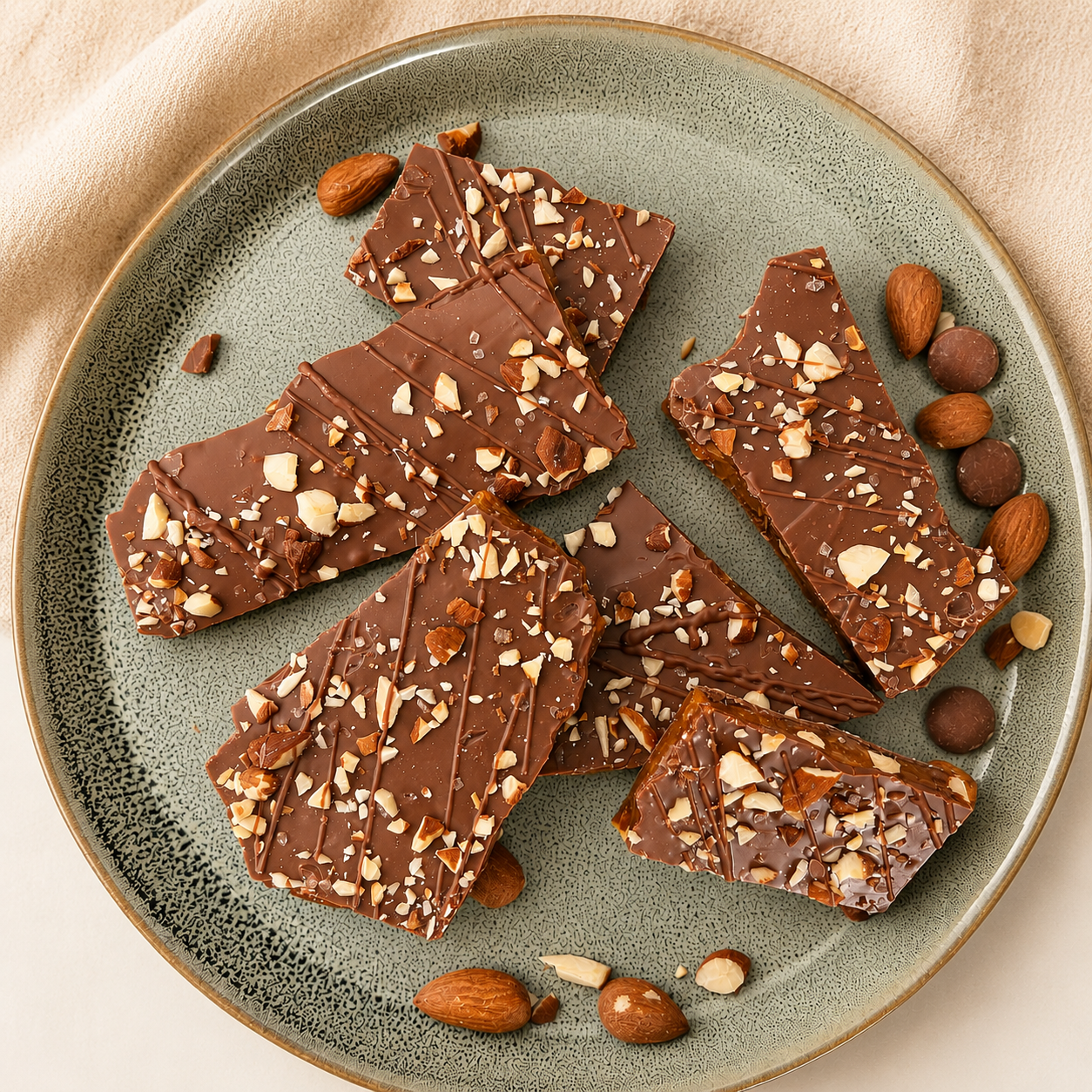 Classic Caramel Zeezout chocolade amandel toffee 150g stukjes op een groen bord
