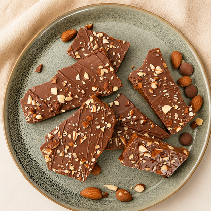 Classic Caramel Zeezout chocolade amandel toffee 150g stukjes op een groen bord